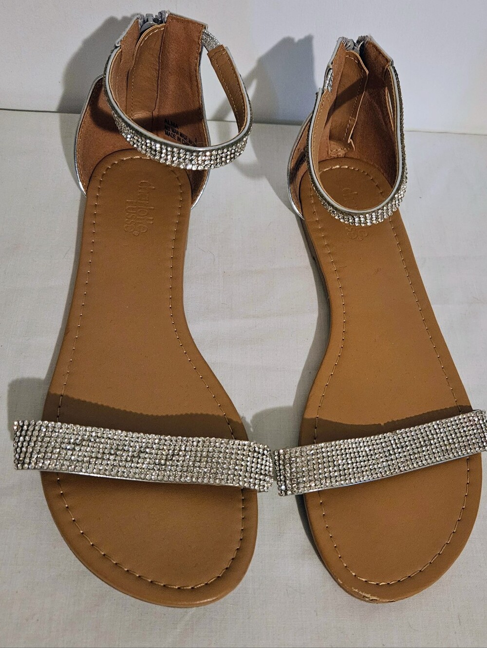 Charlotte Russe Alma Rhinestone Flat Sandals Silver Tan Women's Size 8